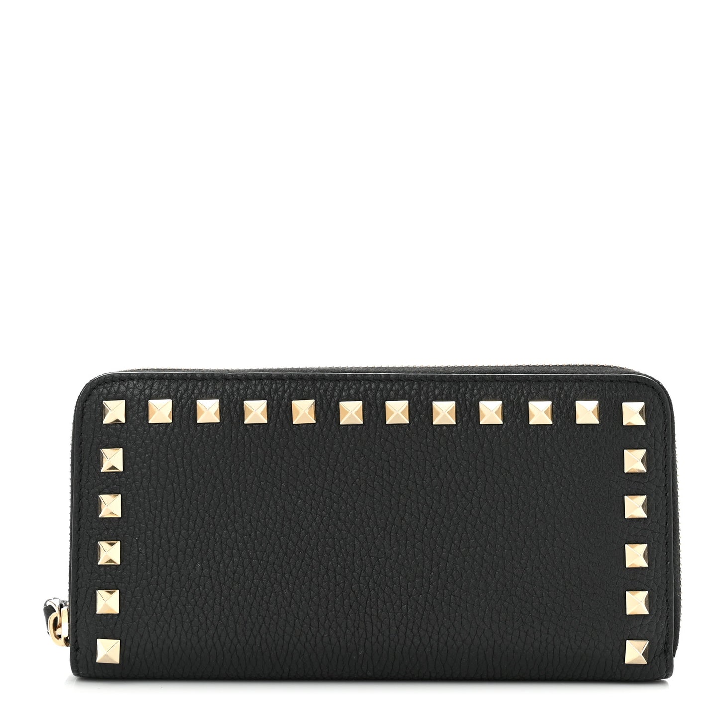 Pebbled Calfskin Rockstud Zip Around Wallet Black
