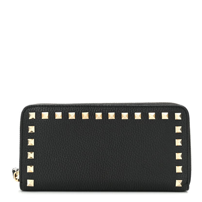 Valentino Garavani Pebbled Calfskin Rockstud Zip Around Wallet Black 1 of 7