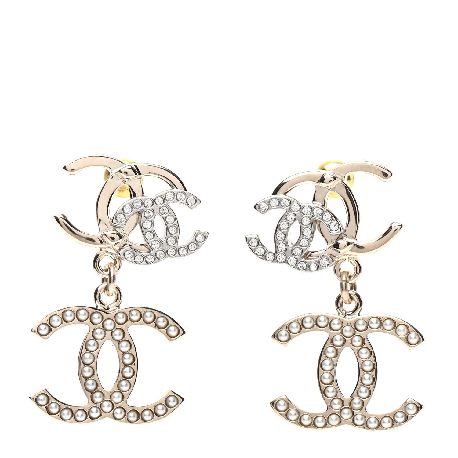 Chanel Crystal Pearl Double CC Drop Earrings Gold Silver 1 of 5