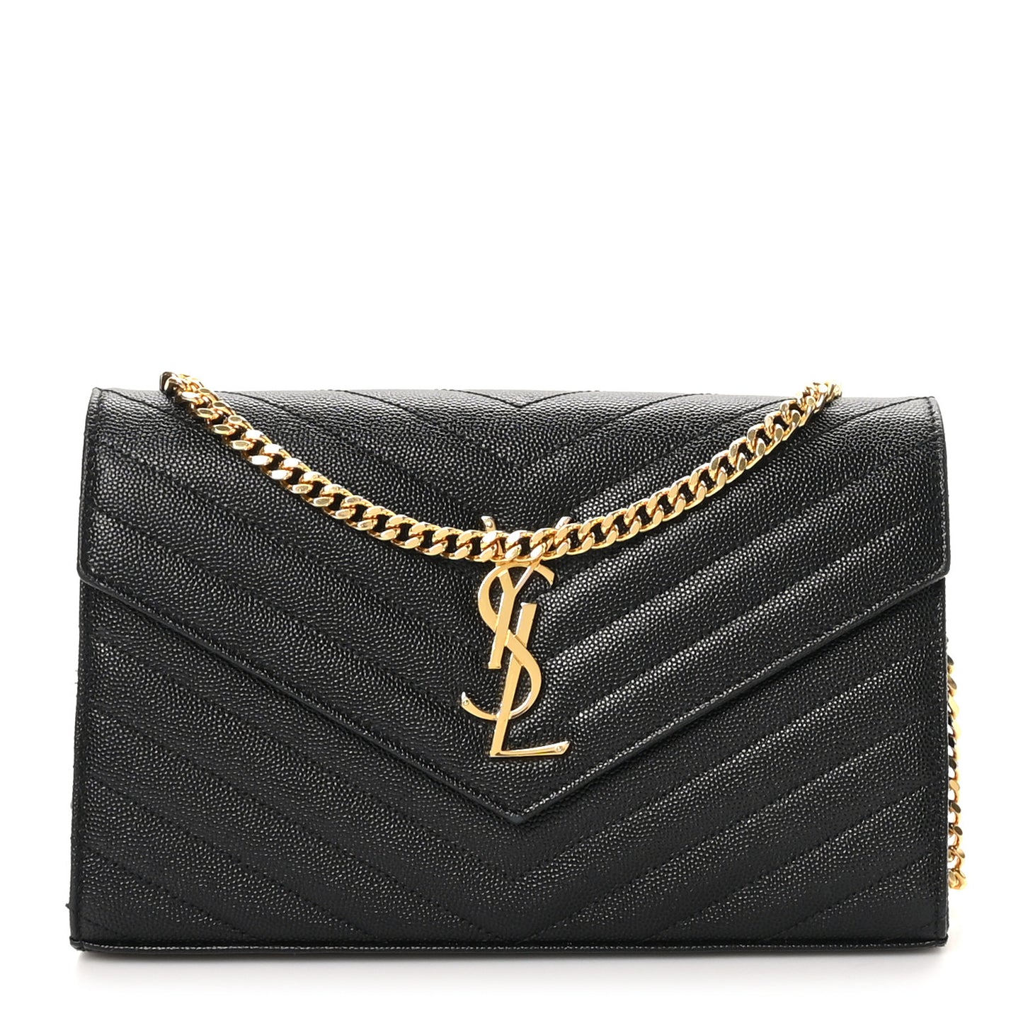 Grain De Poudre Matelasse Chevron Monogram Envelope Chain Wallet Black