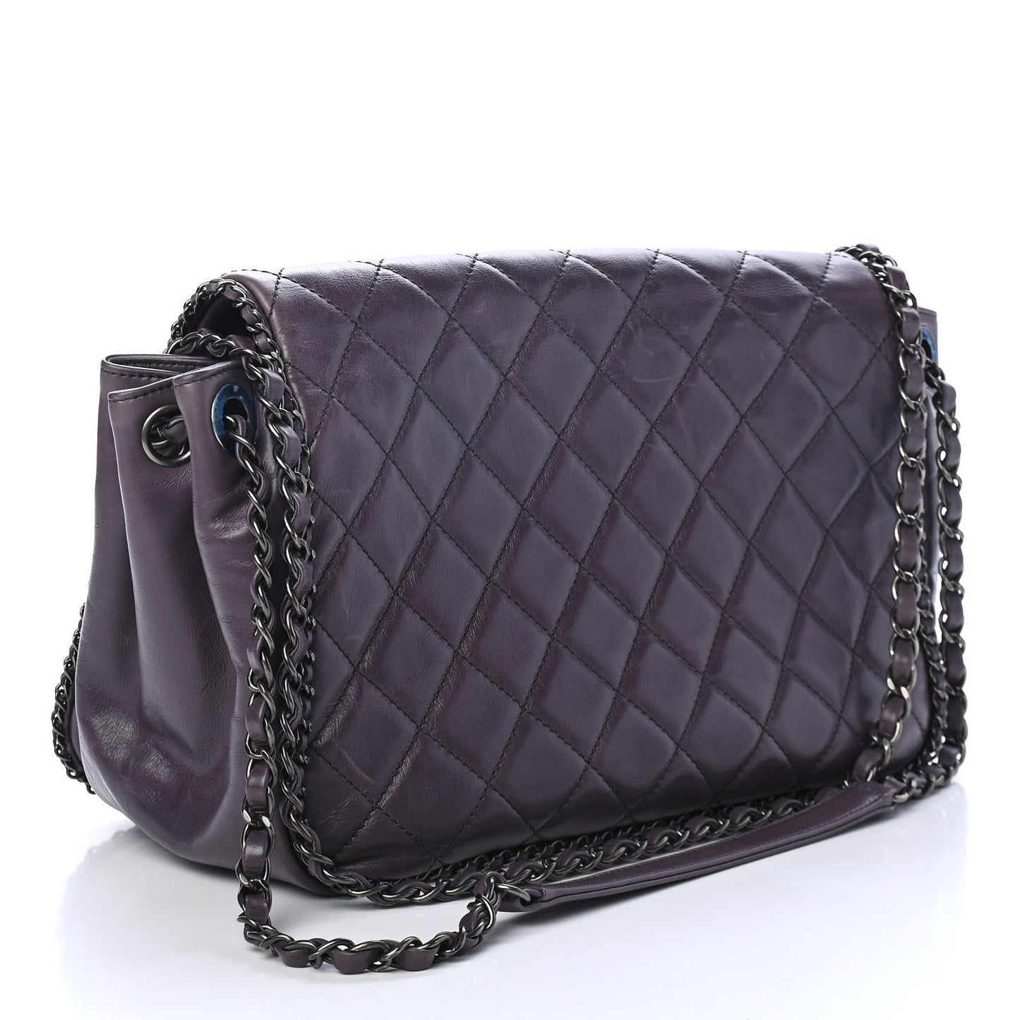 Calfskin Quilted Large CC Enchained Accordion Flap Grey