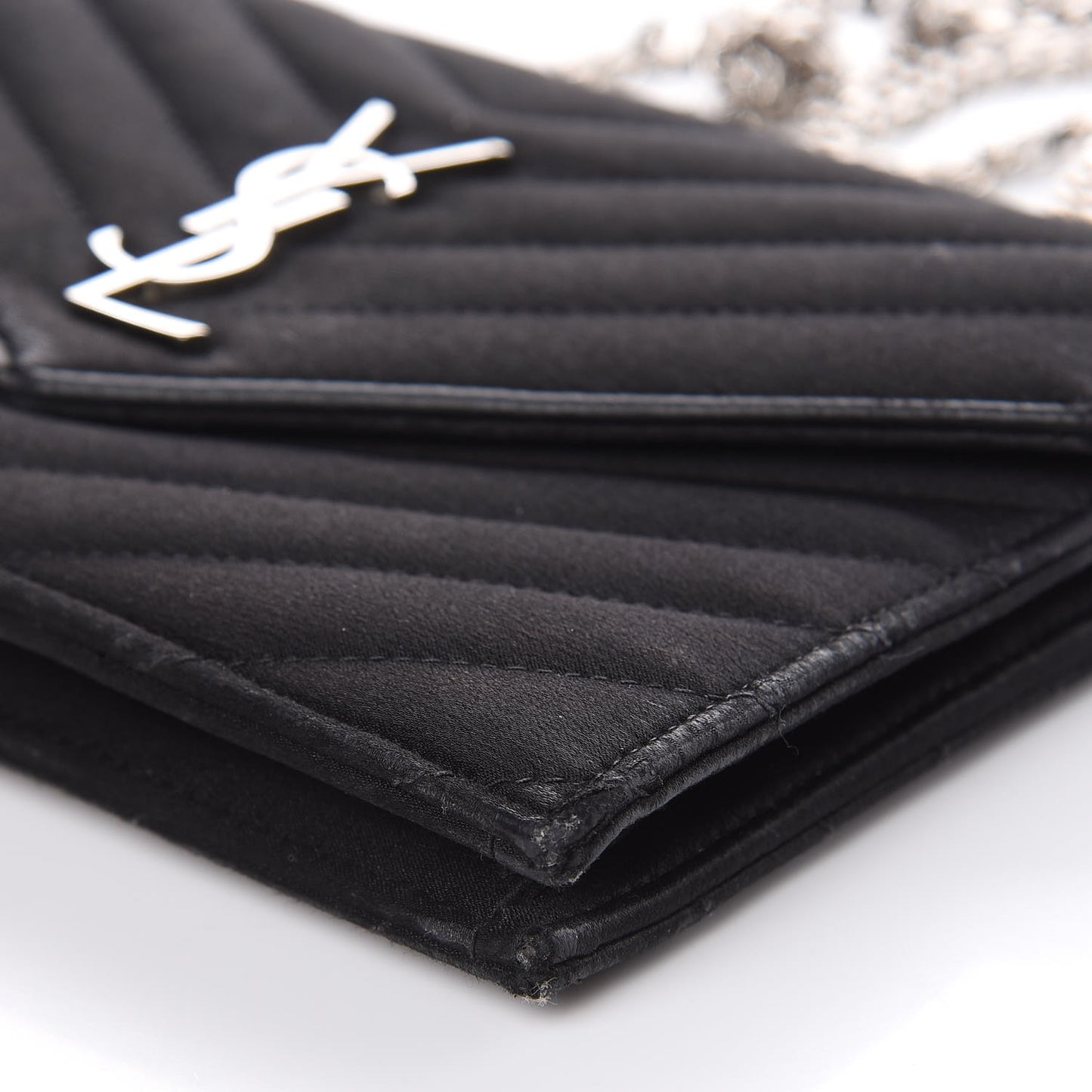 Satin Chevron Monogram Envelope Chain Wallet Black