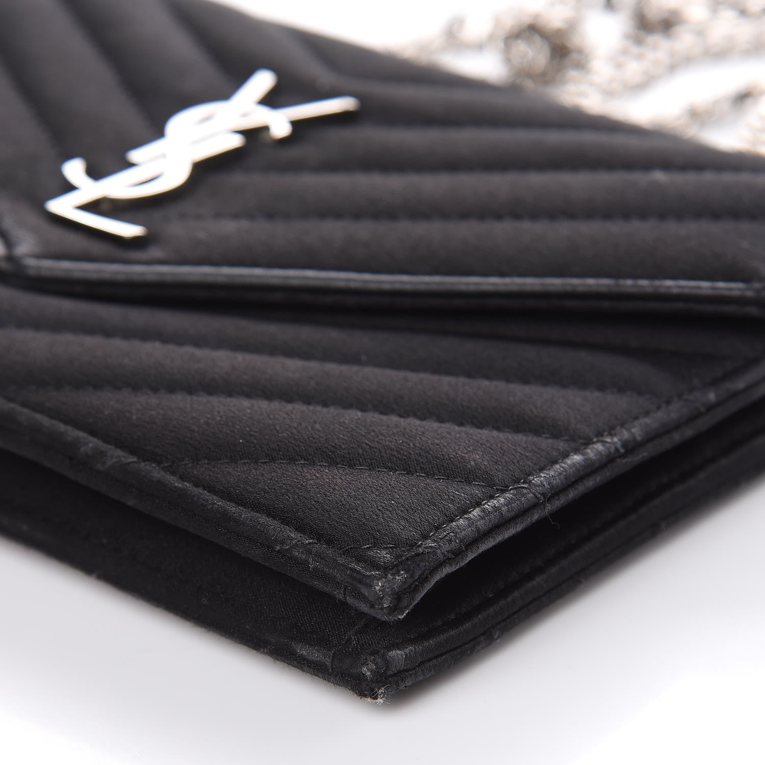 Saint Laurent Satin Chevron Monogram Envelope Chain Wallet Black 8 of 15