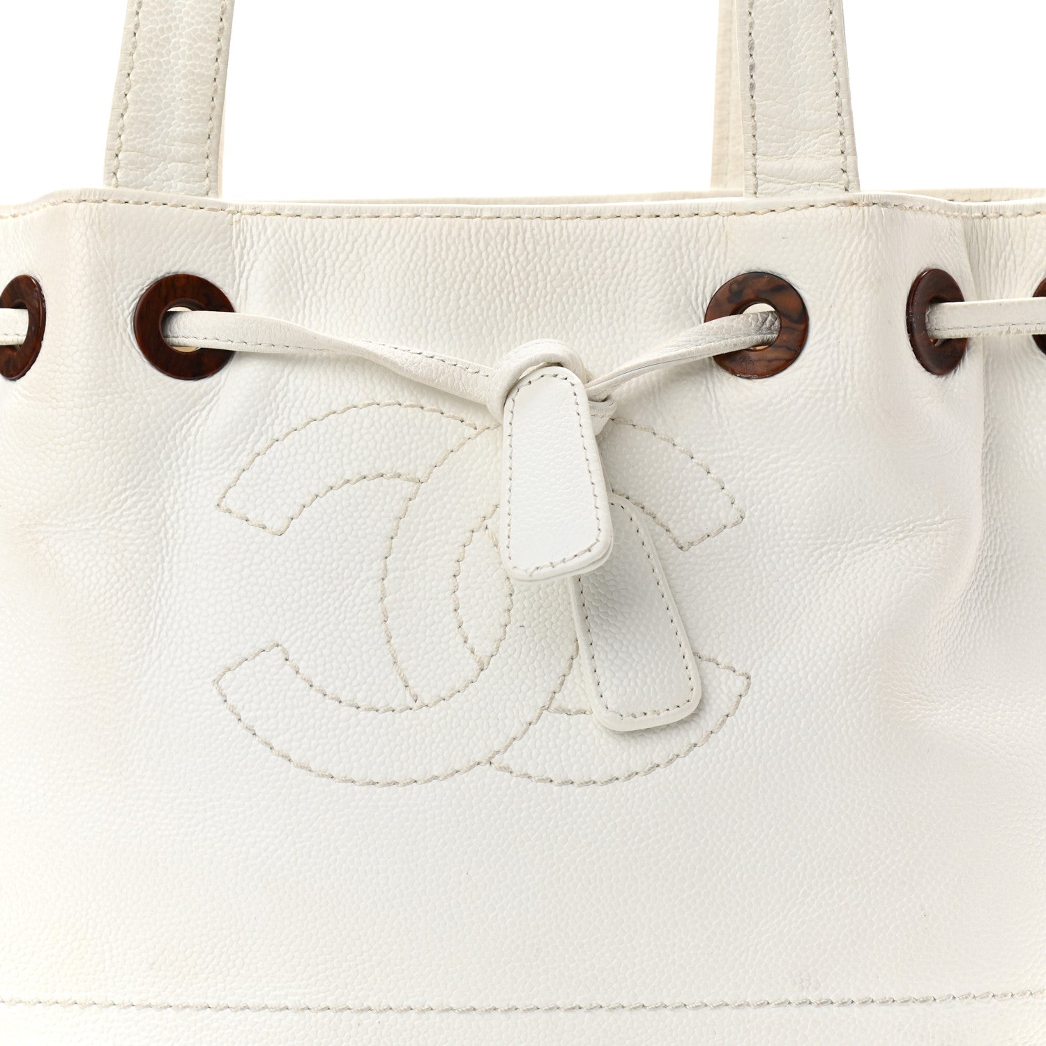 Chanel Caviar Wood Drawstring Bucket Bag White 8 of 15