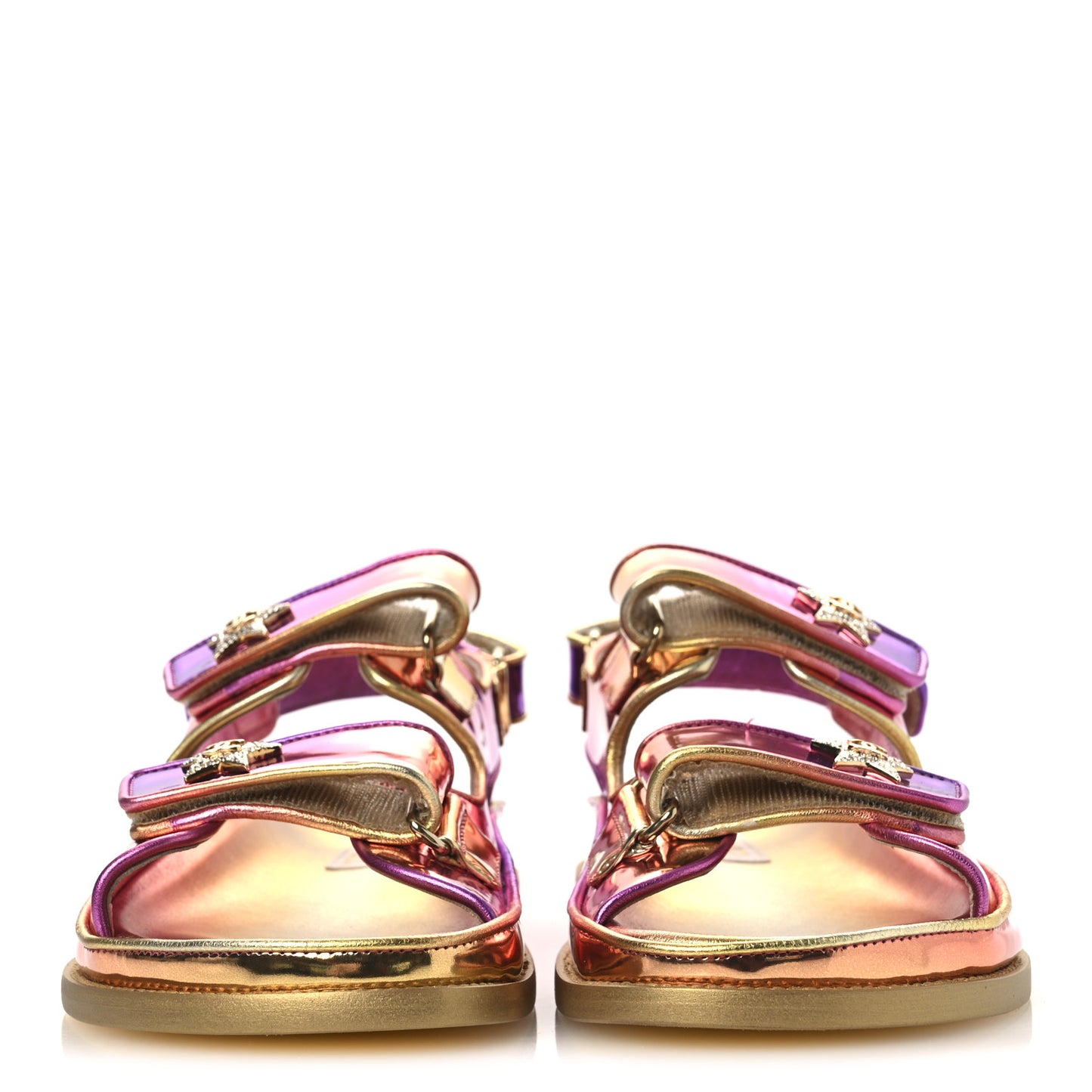 Metallic Laminated Calfskin Crystal Star CC Velcro Dad Sandals 39.5 Pink Orange Yellow