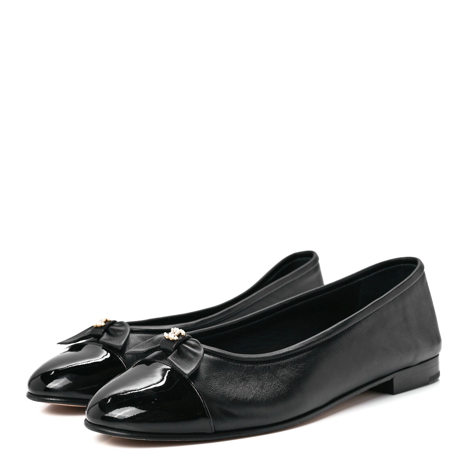 Chanel Lambskin Patent Cap Toe Pearl CC Ballerina Flats 38.5 Black 3 of 9