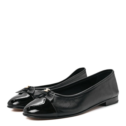 Chanel Lambskin Patent Cap Toe Pearl CC Ballerina Flats 38.5 Black 3 of 9