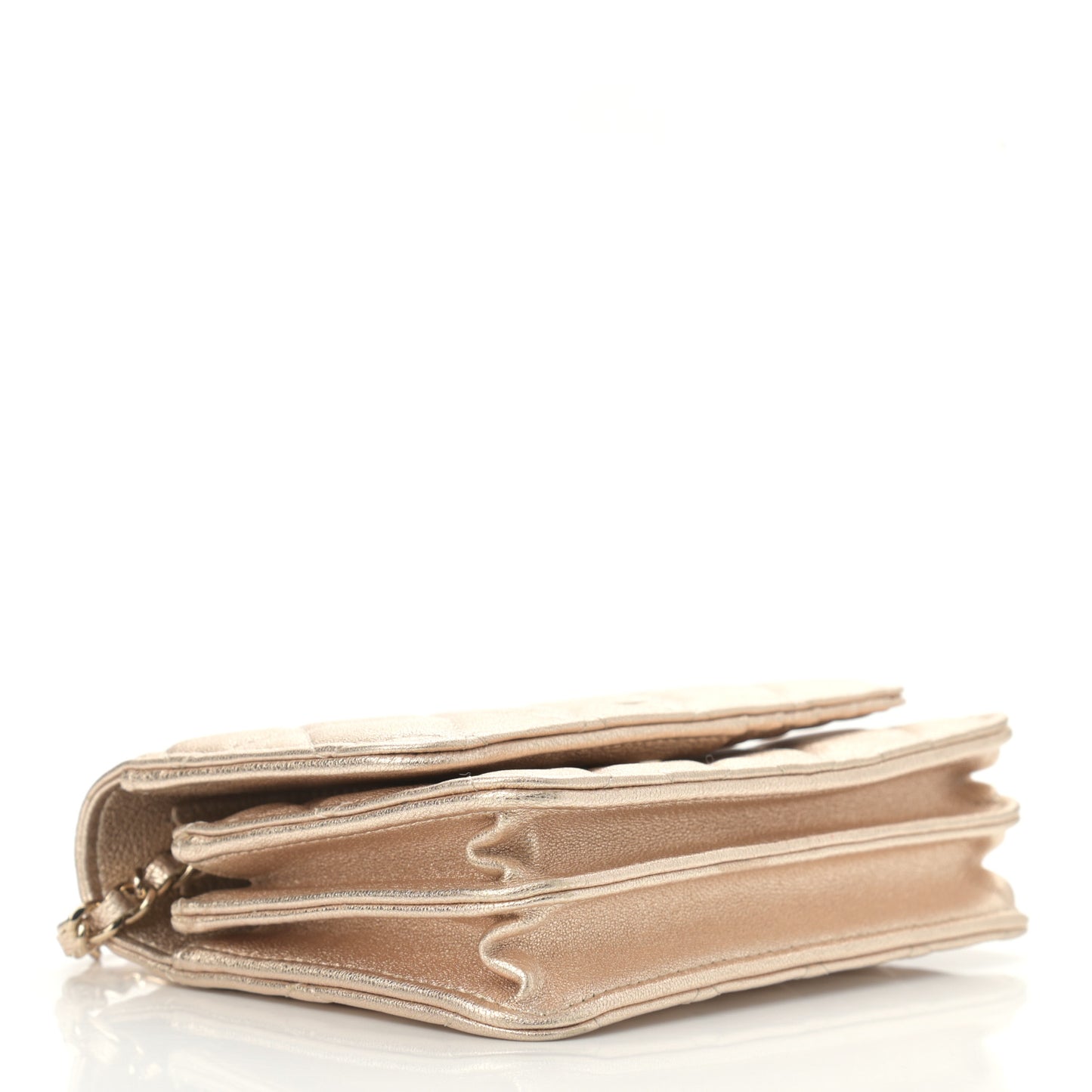 Metallic Lambskin Quilted Mini Wallet On Chain WOC Gold
