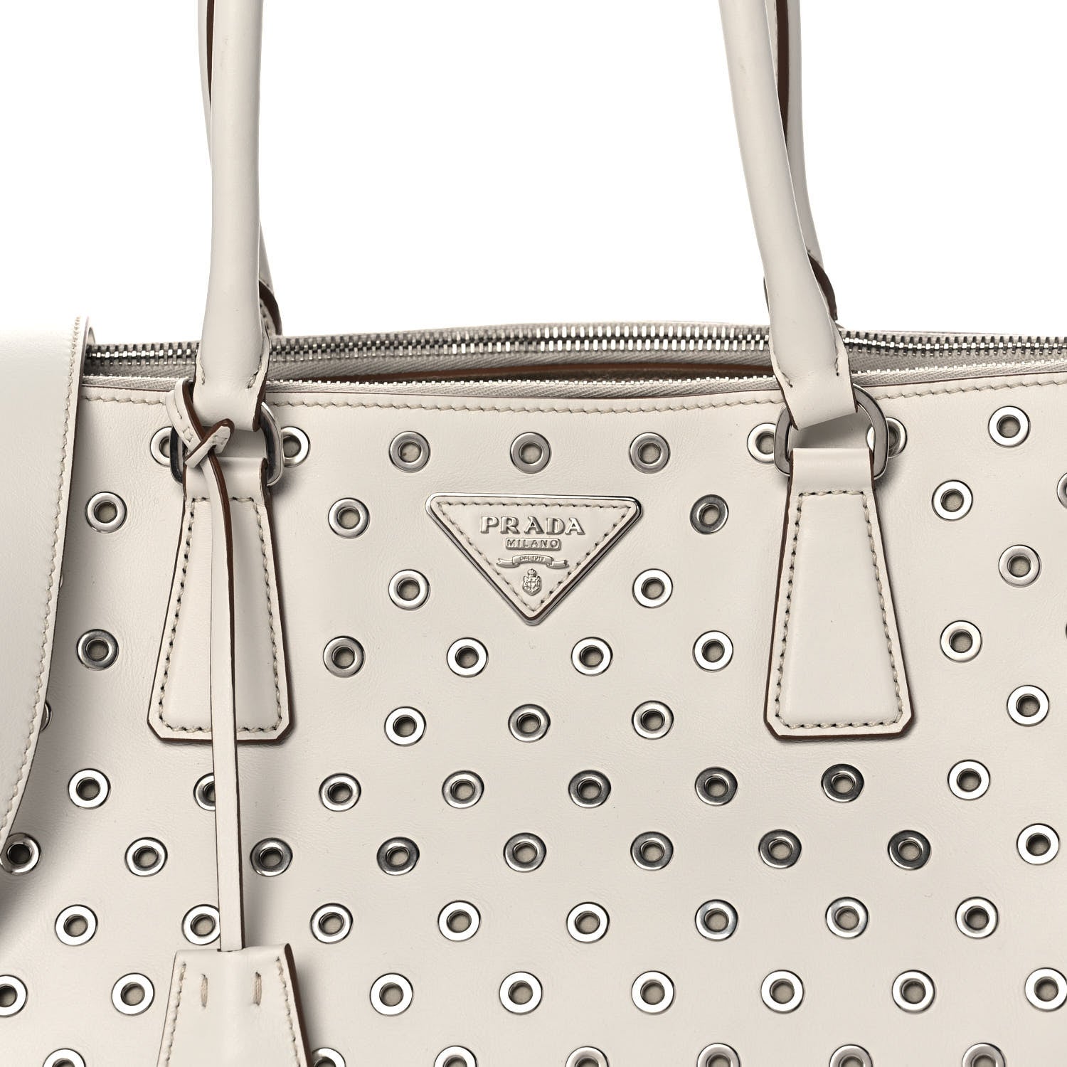 Prada City Calf Grommet Large Double Zip Tote Talco 9 of 15