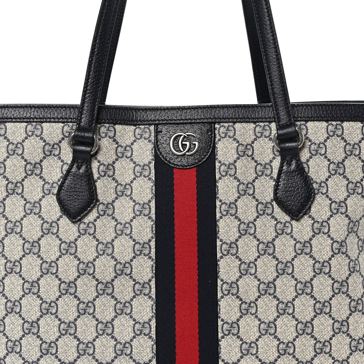 GG Supreme Monogram Textured Calfskin Web Medium Ophidia Shopping Tote Beige Blue