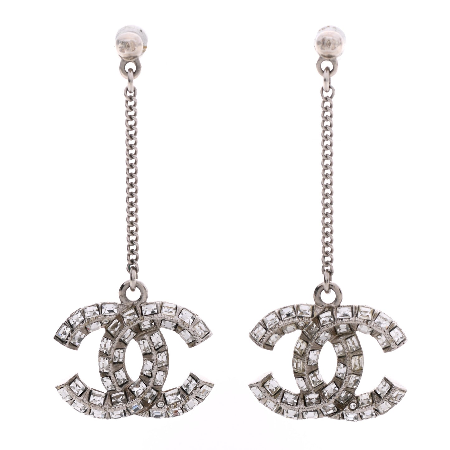 Crystal Baguette CC Dangle Earrings Silver