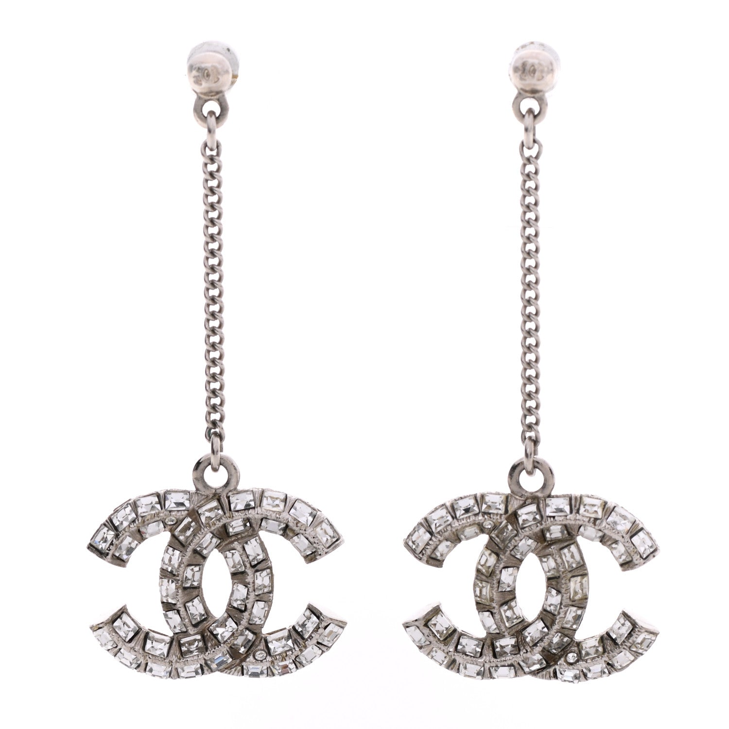 Chanel Crystal Baguette CC Dangle Earrings Silver 1 of 3