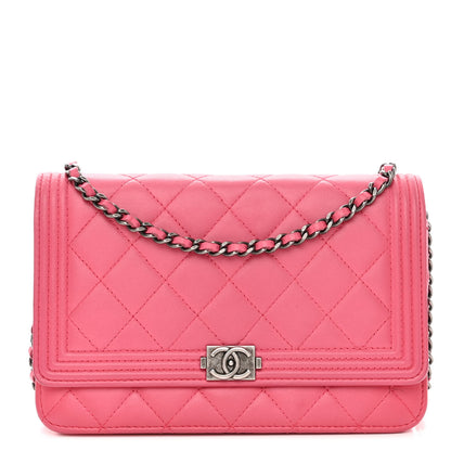 Chanel Lambskin Quilted Boy Wallet On Chain WOC Pink 1 of 14