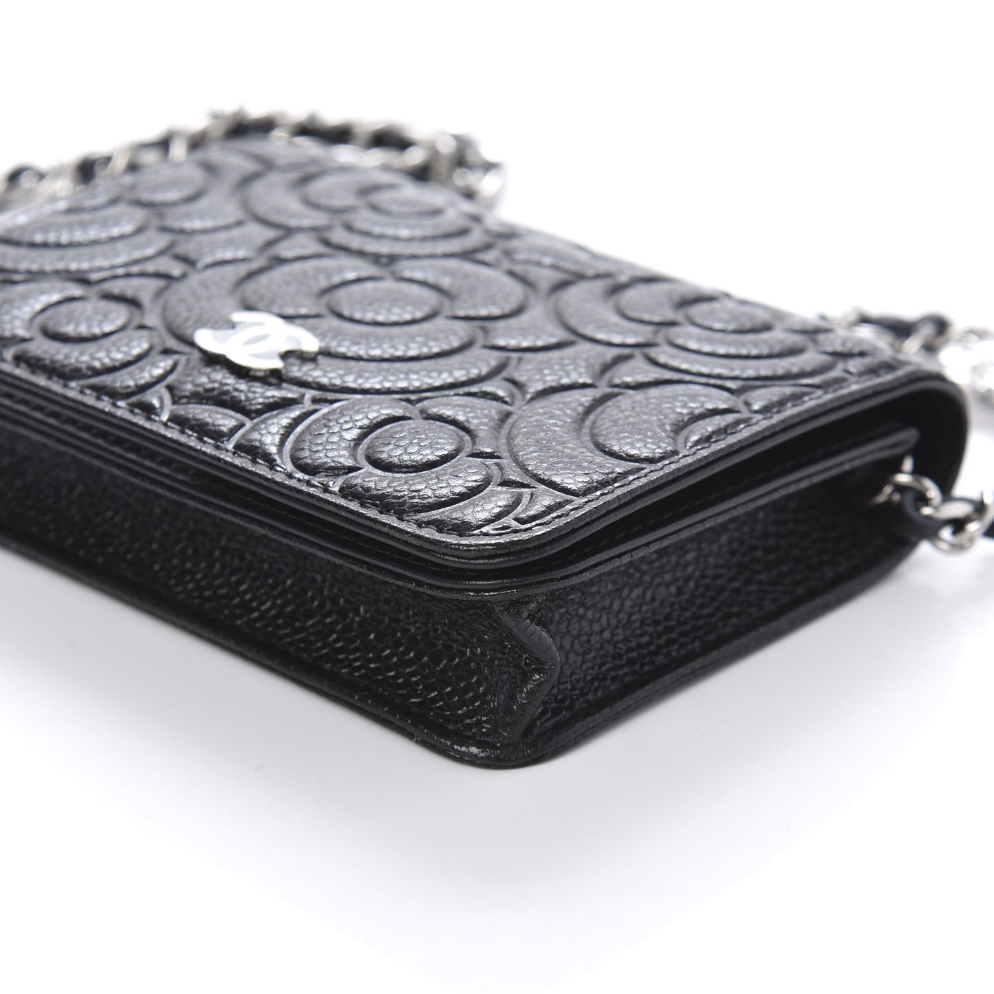 Caviar Camellia Embossed Chain Belt Bag Black