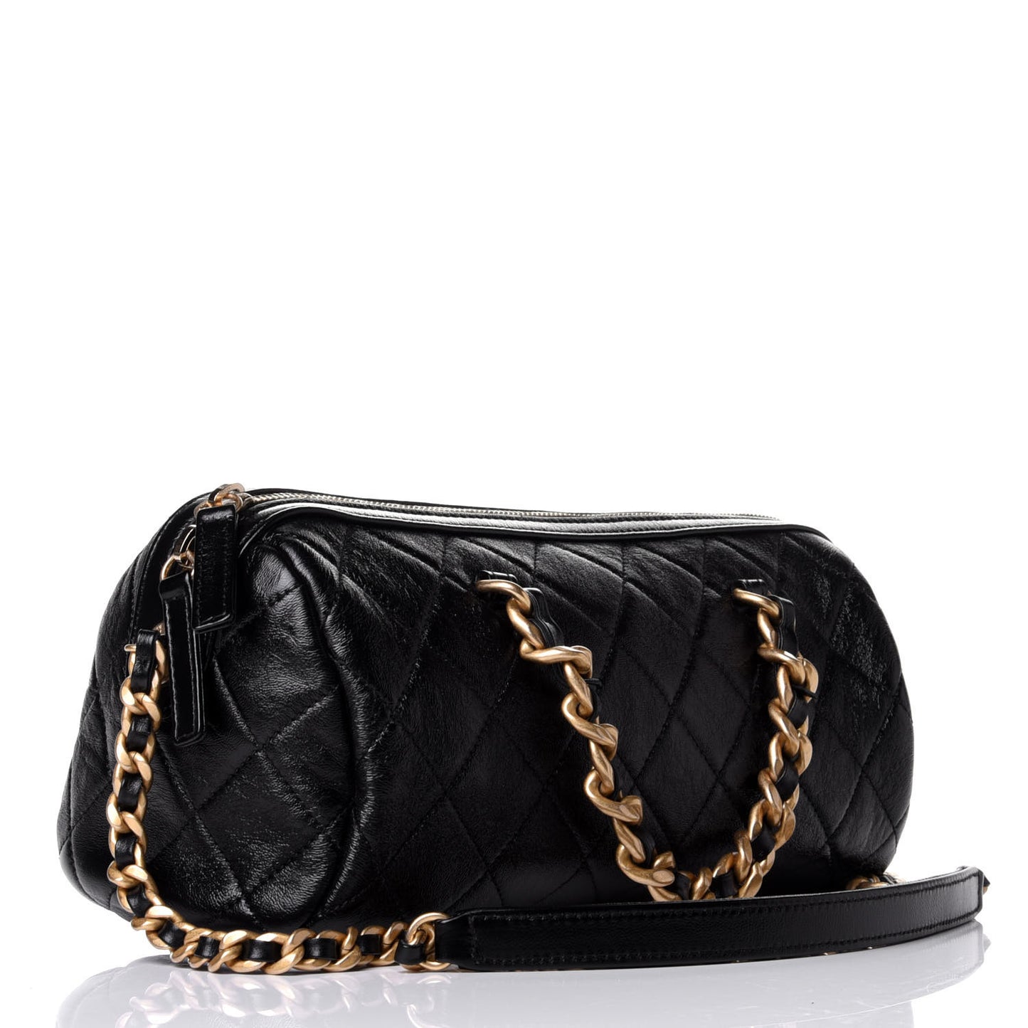 Shiny Lambskin Quilted Fashion Therapy Bowling Bag Black