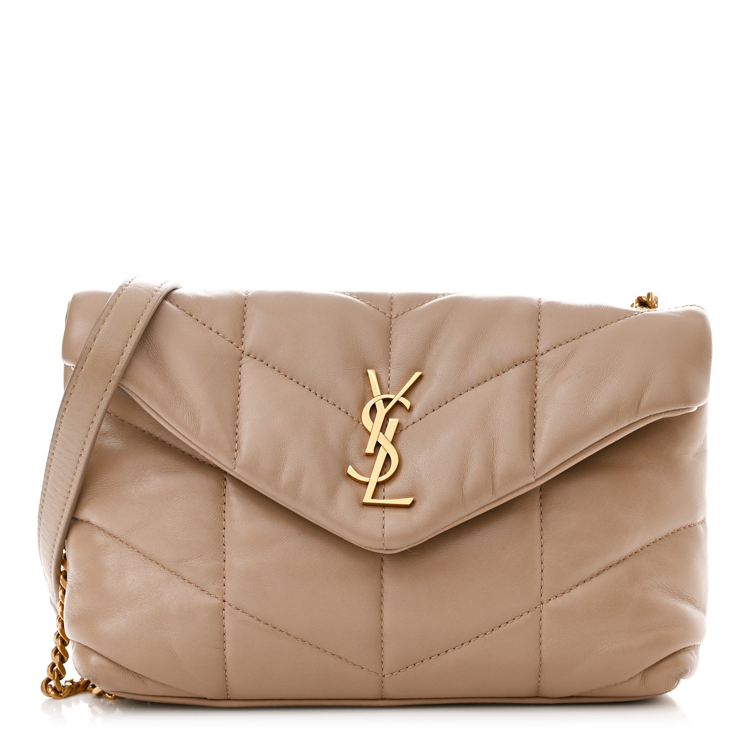 Saint Laurent Lambskin Quilted Toy Loulou Puffer Monogram Chain Satchel Dark Beige 1 of 10