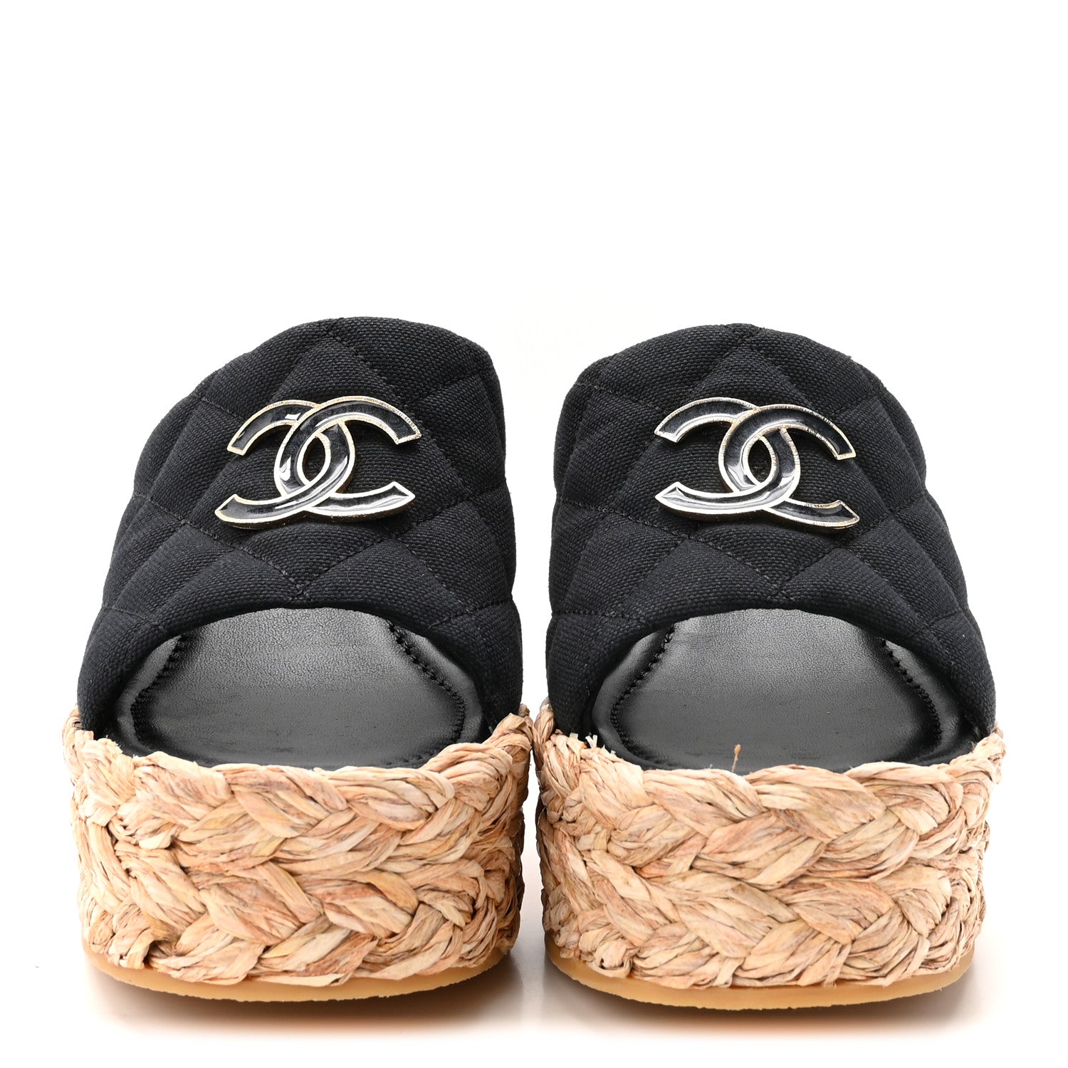 Chanel Canvas Raffia Wedge Sandals 39 Black 3 of 8