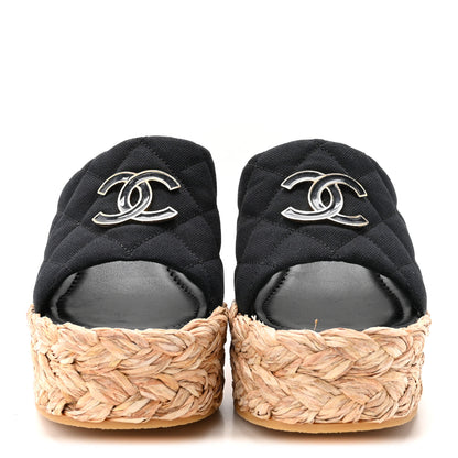 Chanel Canvas Raffia Wedge Sandals 39 Black 3 of 8