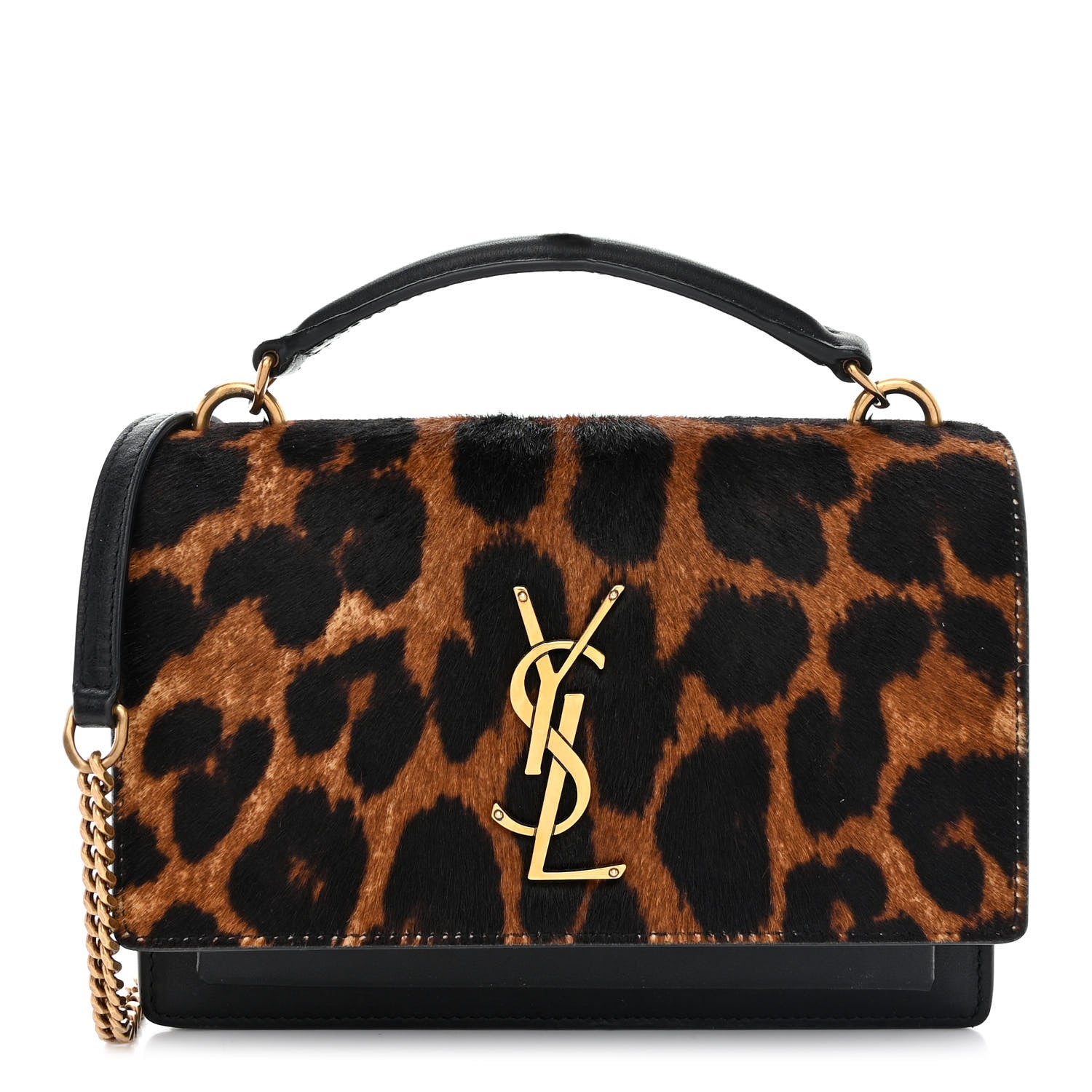Saint Laurent Pony Hair Calfskin Leopard Print Monogram Sunset Chain Wallet Black 1 of 10