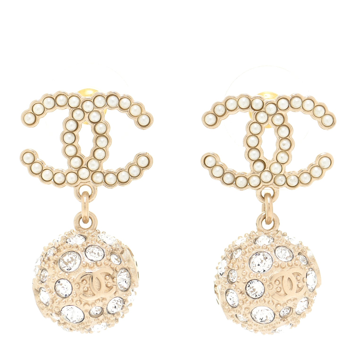 Chanel Crystal Pearl CC Drop Earrings Gold Pearly White 1 of 5