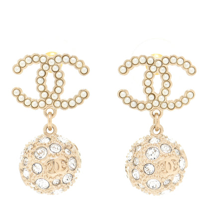 Chanel Crystal Pearl CC Drop Earrings Gold Pearly White 1 of 5