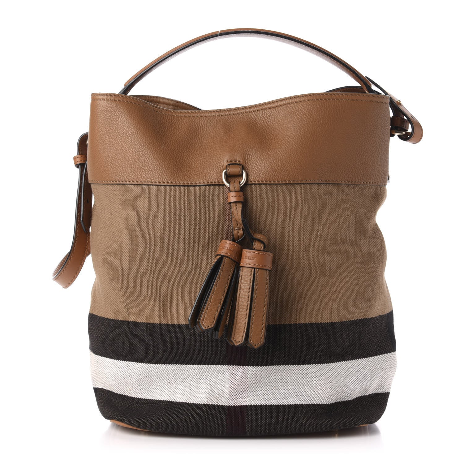 Burberry Grainy Calfskin Canvas Mega Check Medium Ashby Tassel Hobo Saddle Brown 1 of 14