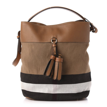 Burberry Grainy Calfskin Canvas Mega Check Medium Ashby Tassel Hobo Saddle Brown 1 of 14