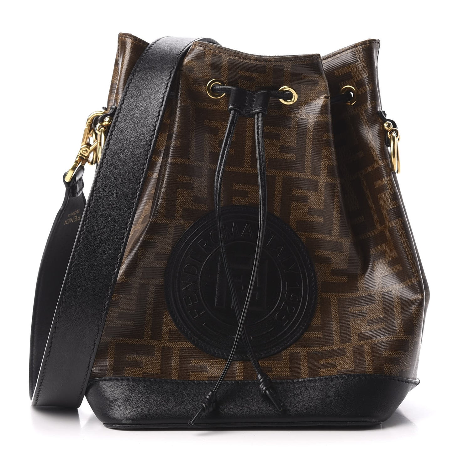 Glazed Fabric Vitello Grace F is Fendi FF 1974 Stamp Patch Grande Mon Tresor Bucket Bag Mogano Panna Black