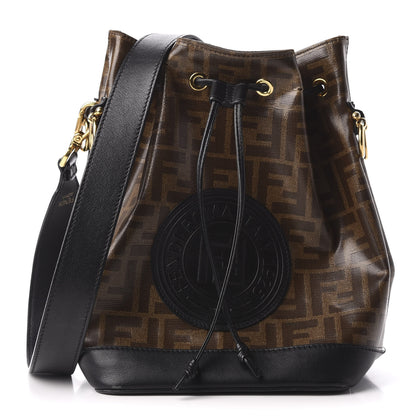 Fendi Glazed Fabric Vitello Grace F is Fendi FF 1974 Stamp Patch Grande Mon Tresor Bucket Bag Mogano Panna Black 1 of 9