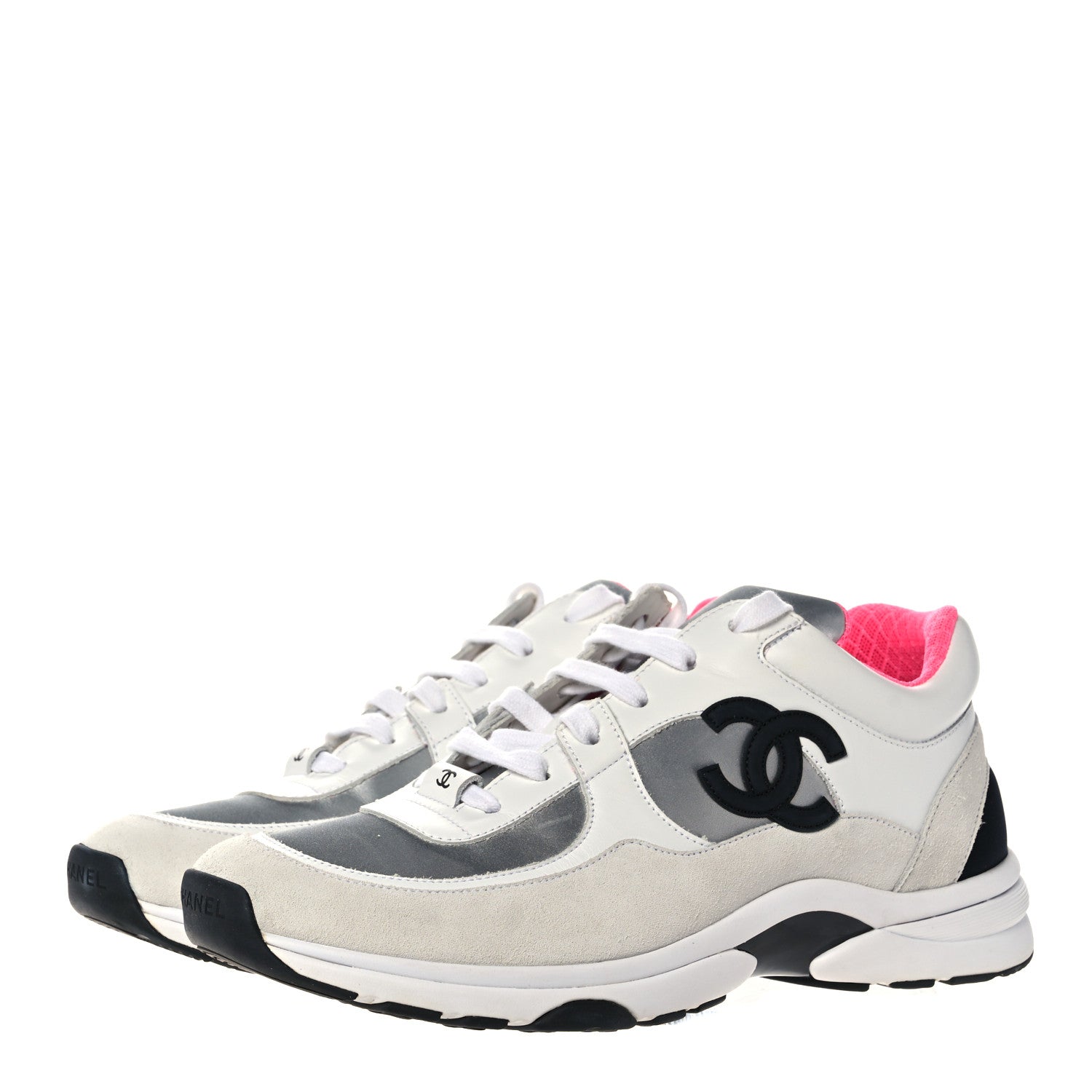 Chanel Calfskin Fabric Sneakers 41 White Silver Fluo Pink 3 of 9