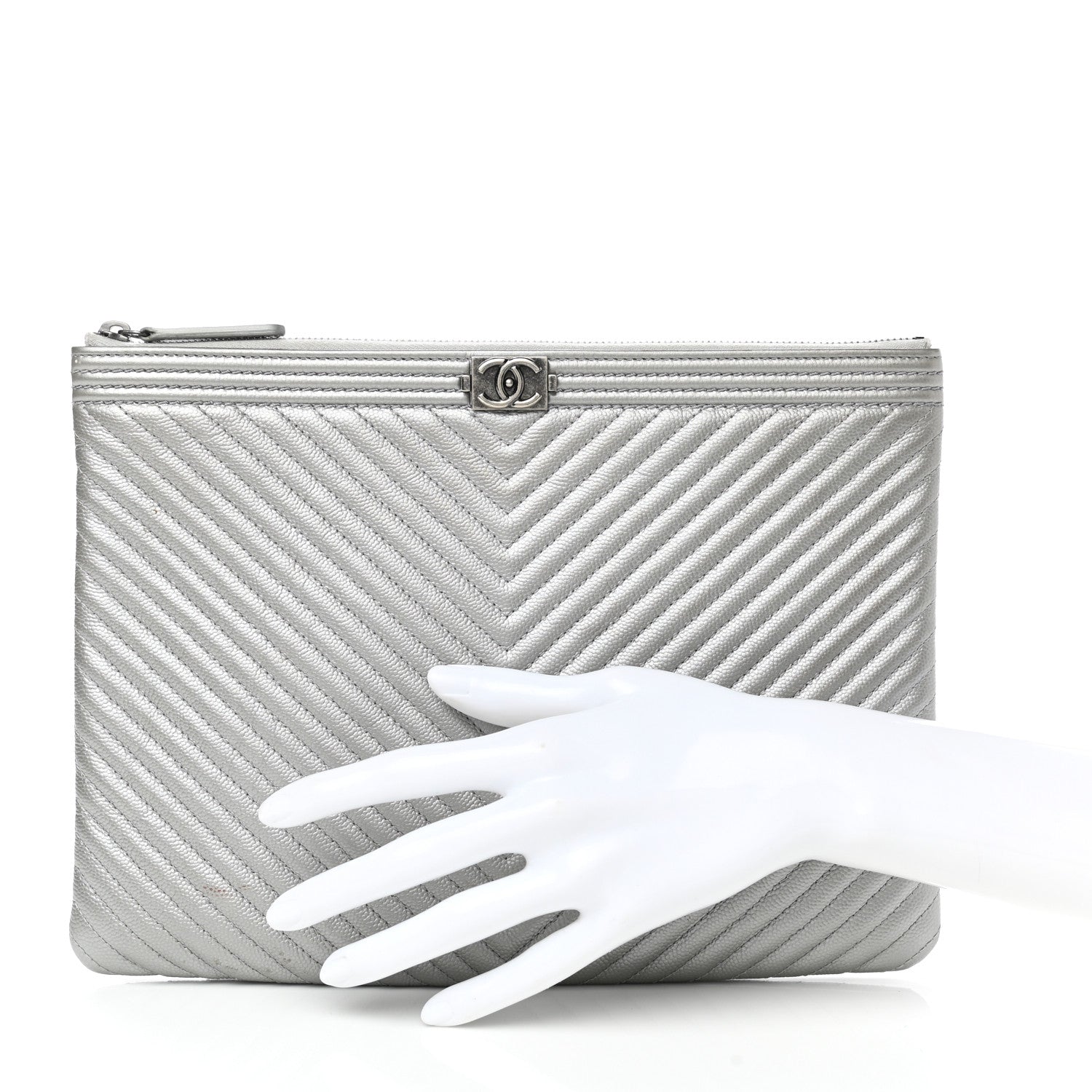 Chanel Metallic Caviar Chevron Quilted Medium Boy Cosmetic Case Silver 2 of 9