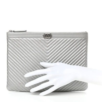 Chanel Metallic Caviar Chevron Quilted Medium Boy Cosmetic Case Silver 2 of 9