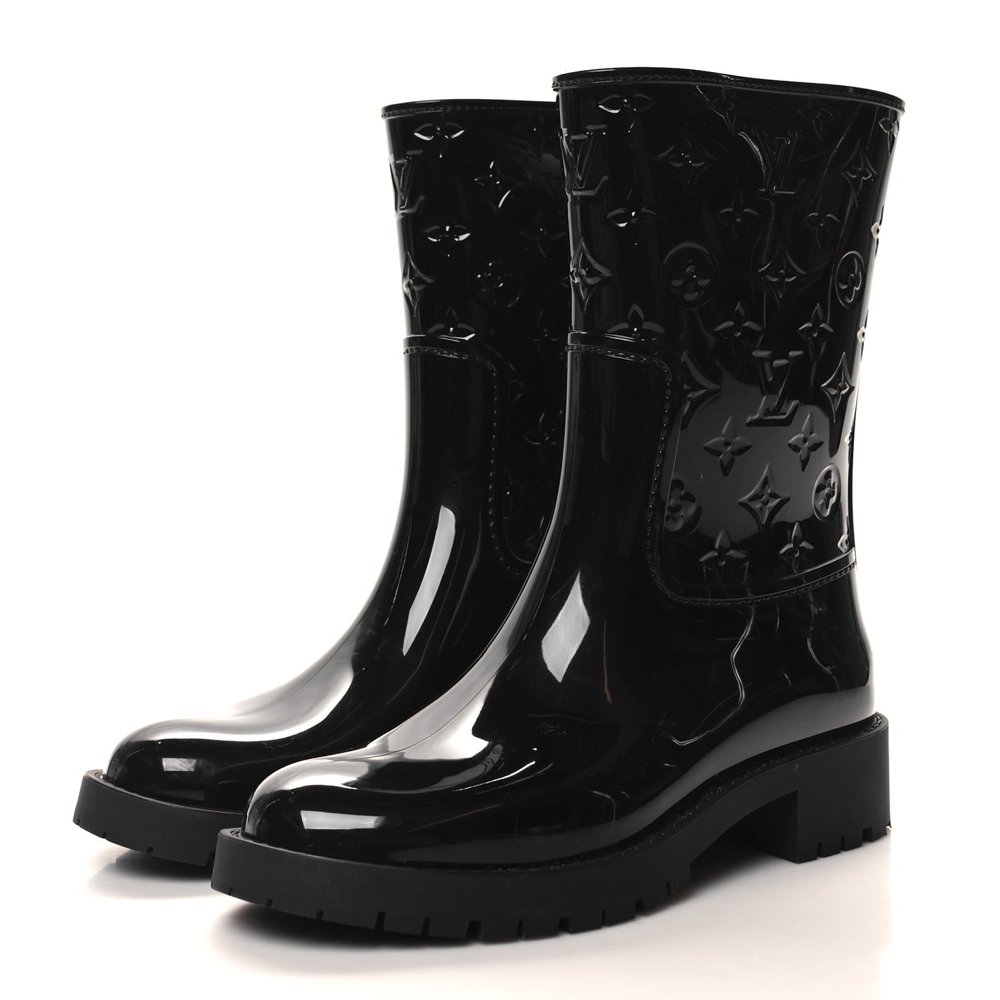 Rubber Embossed Monogram Splash Rain Short Boots 38 Black
