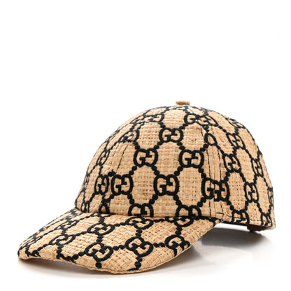 Gucci Raffia GG Monogram Elaphe Embroidered Aisha Baseball Hat M Ivory Black 1 of 9