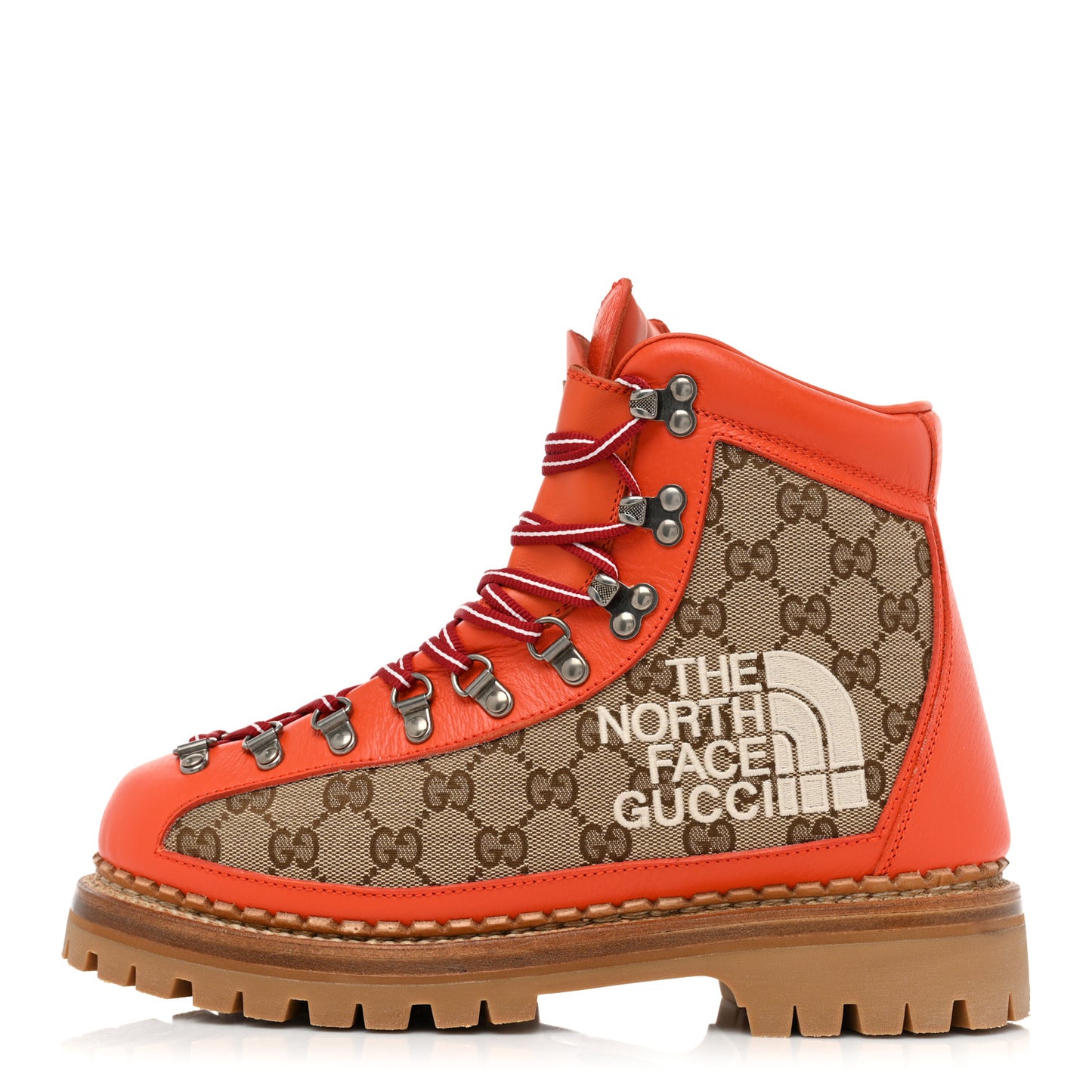 X THE NORTH FACE Monogram Textured Calfskin Mens Hiking Ankle Boots 7 Beige Ebony Deep Orange