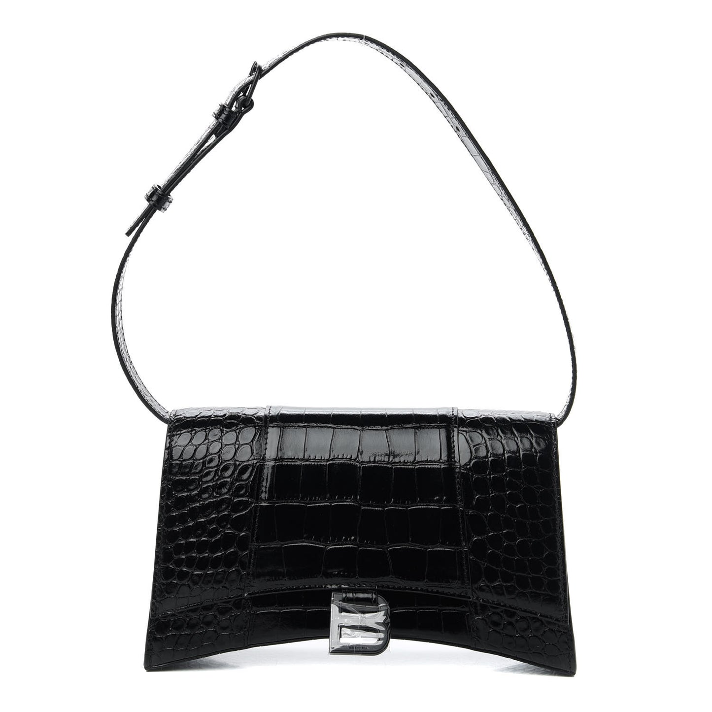 Shiny Calfskin Monochrome Crocodile Embossed Small Hourglass Sling Shoulder Bag Black