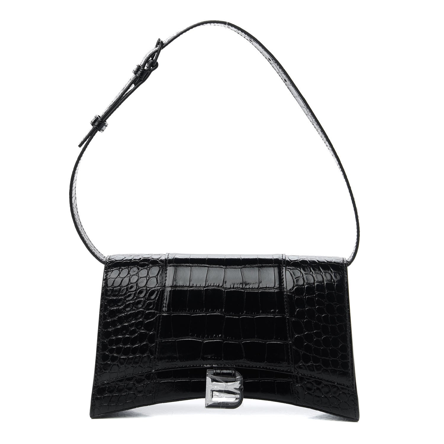 Balenciaga Shiny Calfskin Monochrome Crocodile Embossed Small Hourglass Sling Shoulder Bag Black 1 of 9
