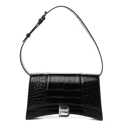 Balenciaga Shiny Calfskin Monochrome Crocodile Embossed Small Hourglass Sling Shoulder Bag Black 1 of 9