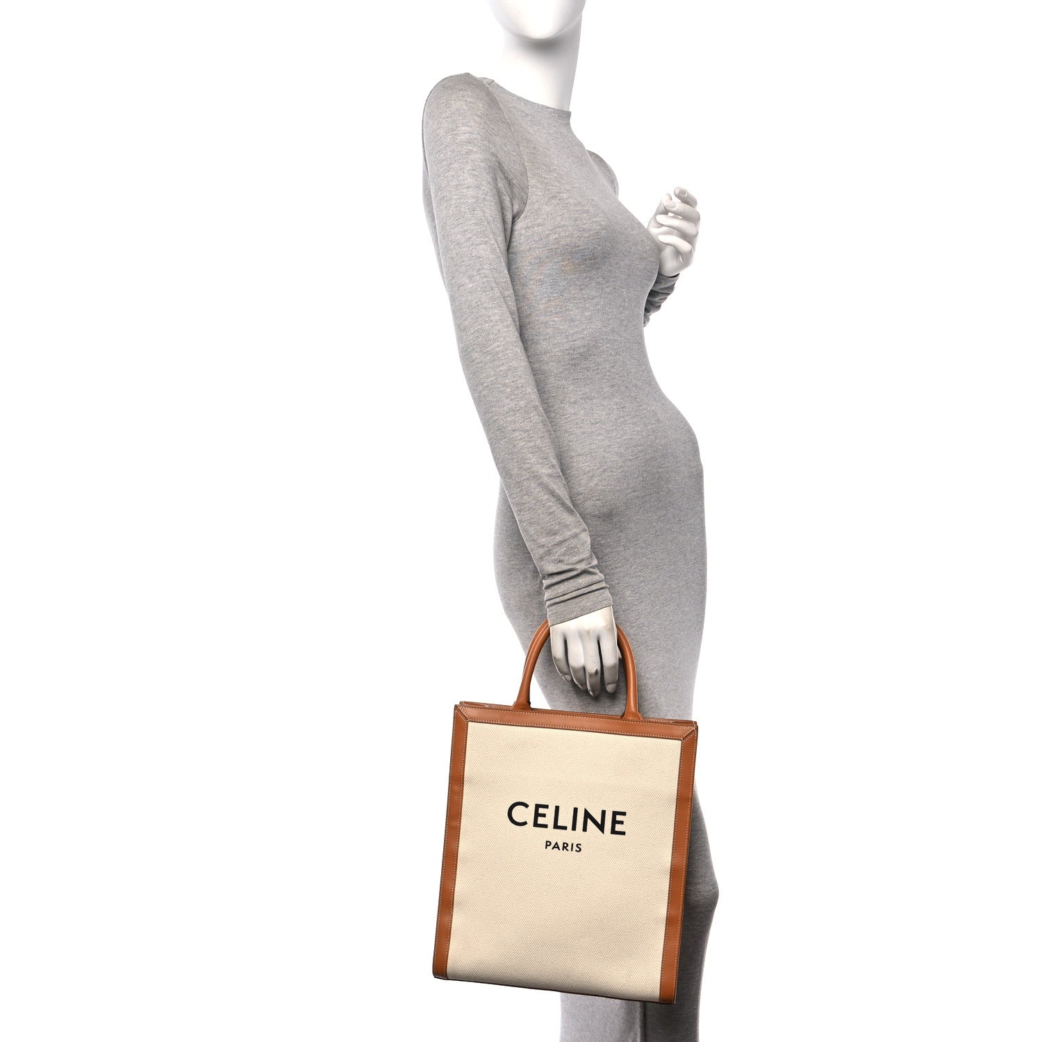 Celine Canvas Calfskin Logo Print Small Vertical Cabas Natural Tan