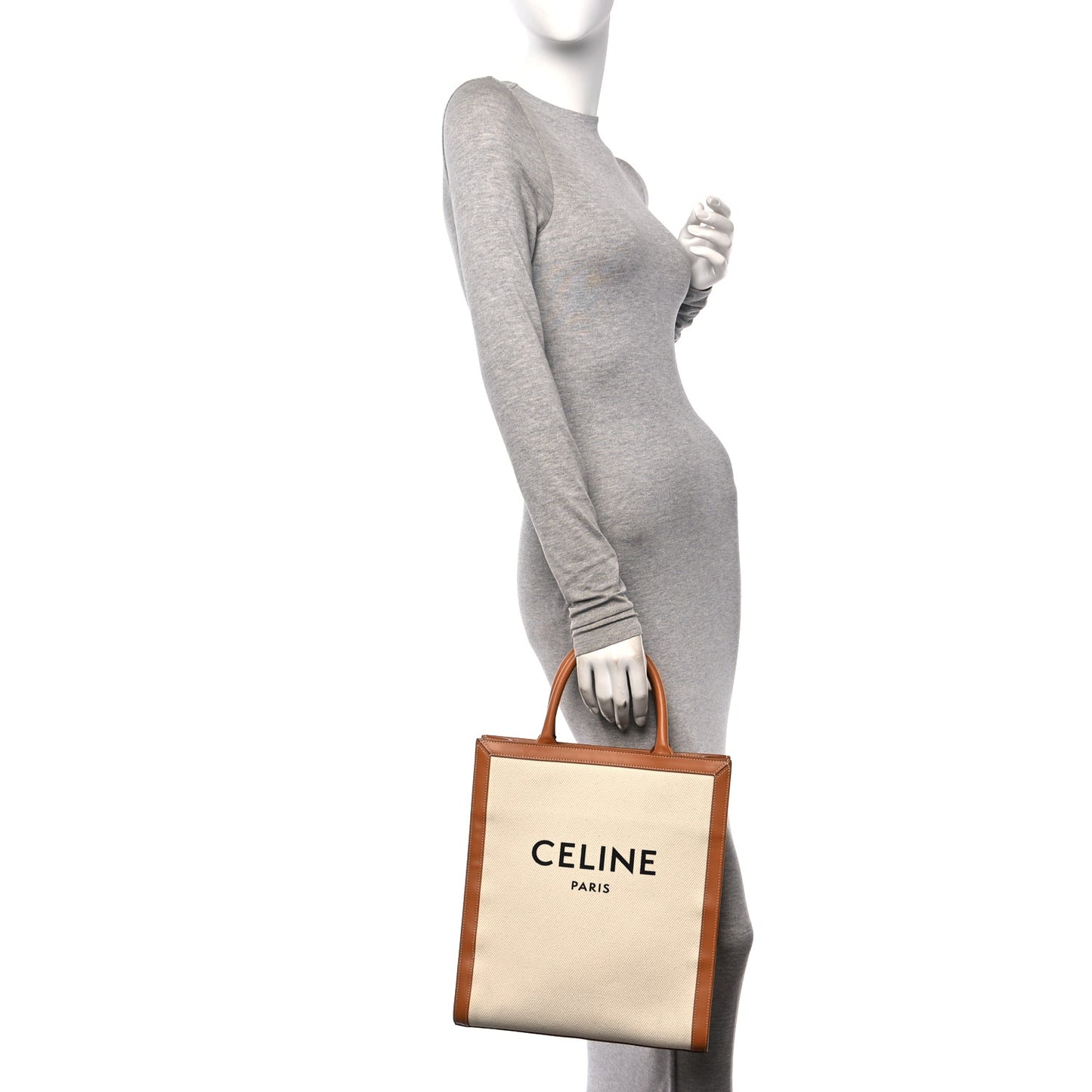 Canvas Calfskin Logo Print Small Vertical Cabas Natural Tan