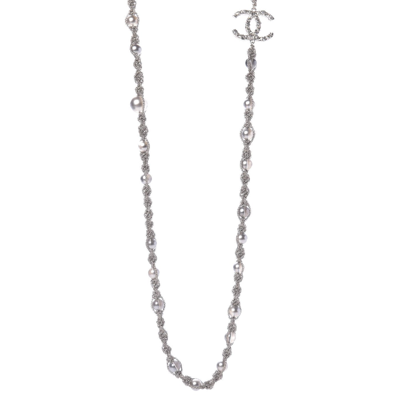 Pearl Bead CC Long Necklace Silver Grey