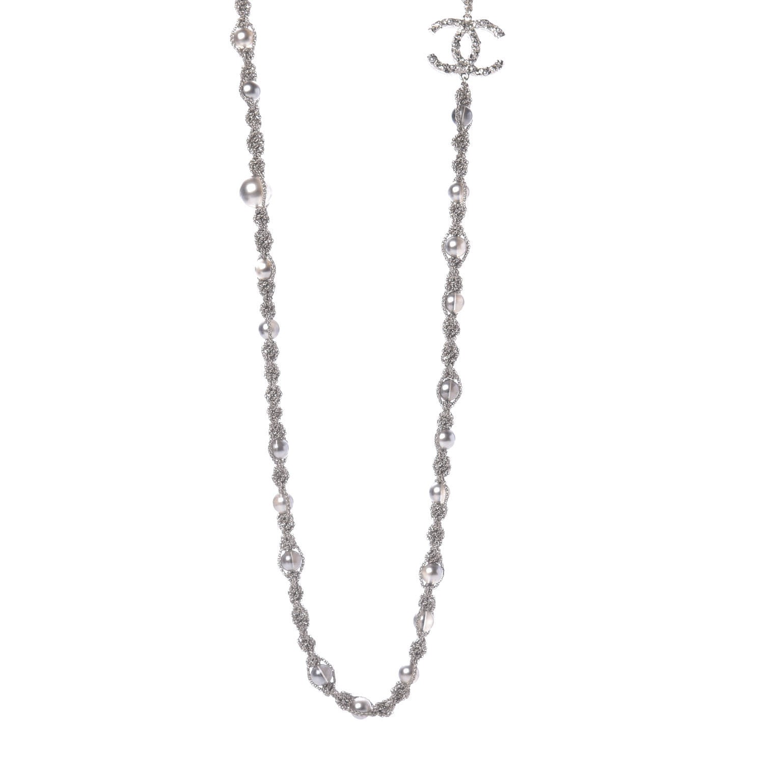 Chanel Pearl Bead CC Long Necklace Silver Grey 1 of 7