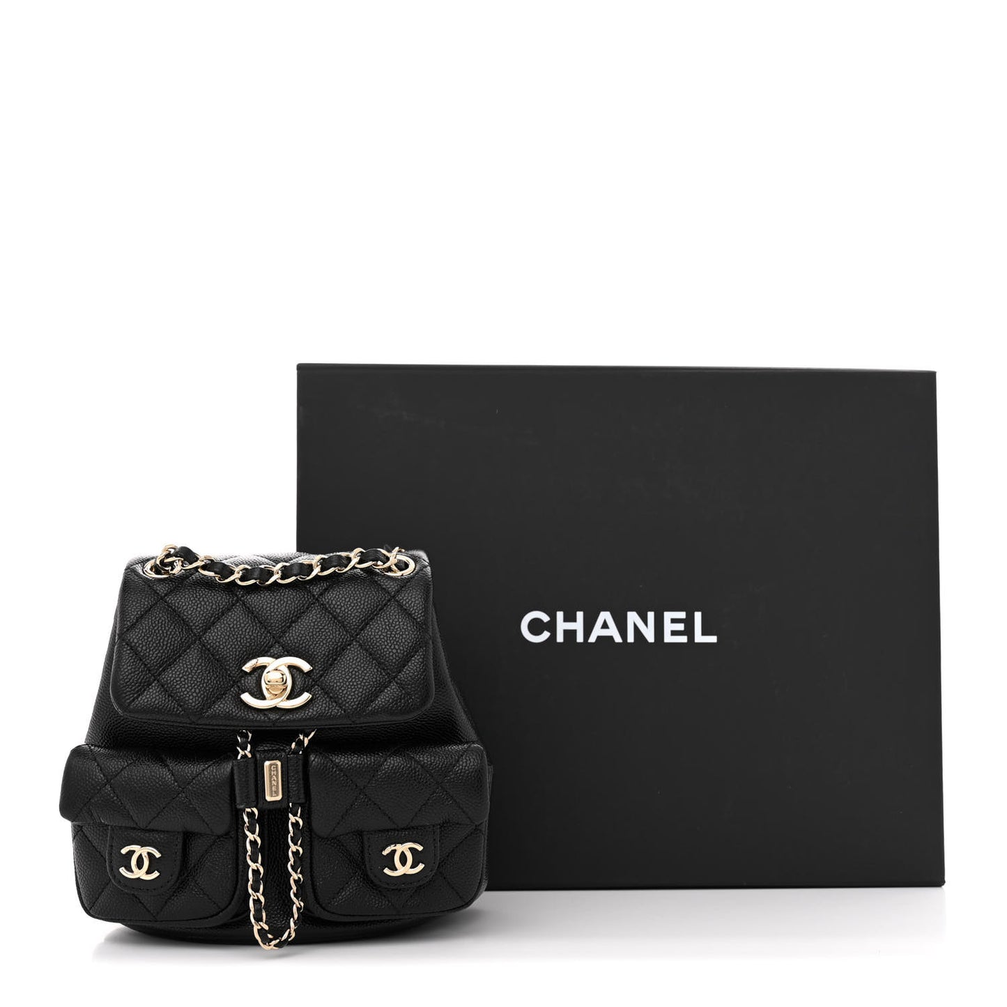 Shiny Caviar Quilted Small Duma Pockets Drawstring Backpack Black