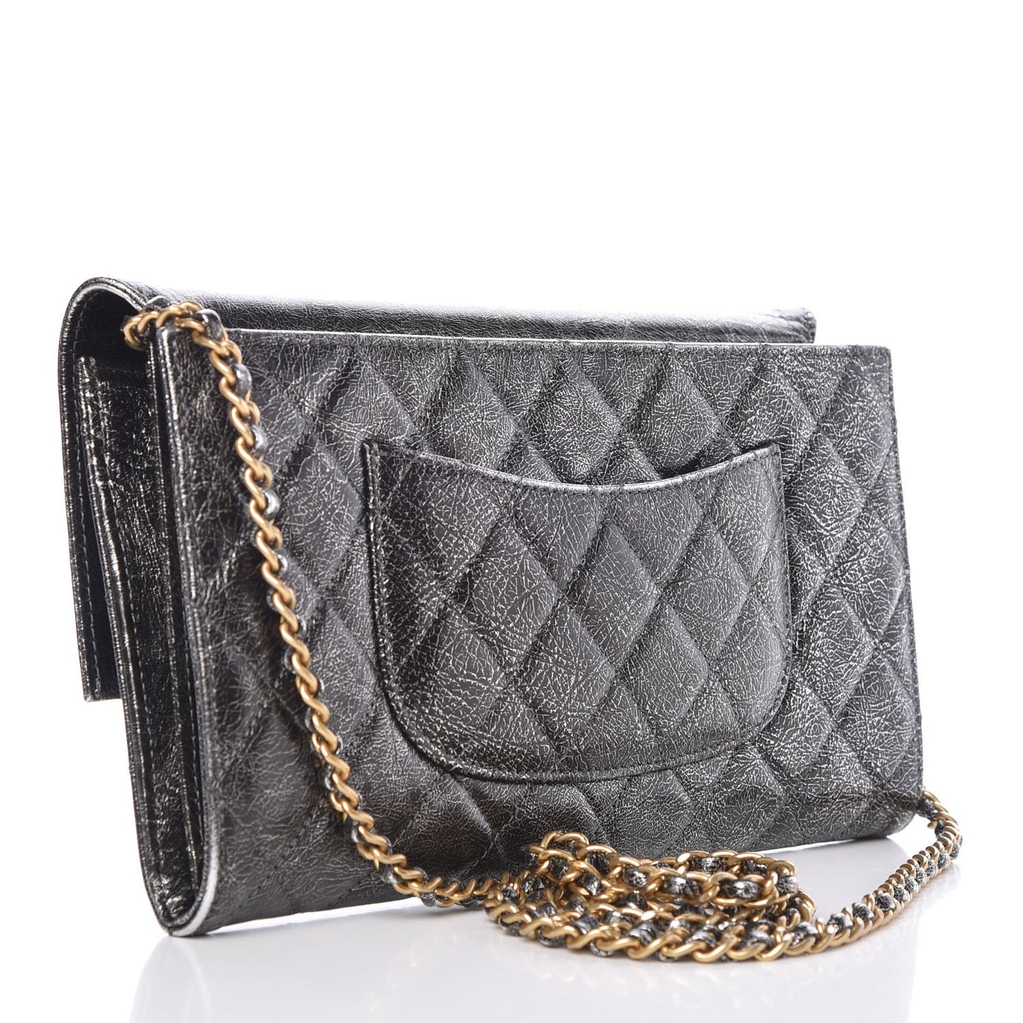 Cracked Metallic Calfskin Quilted Zip Away Chain Clutch Dark Silver