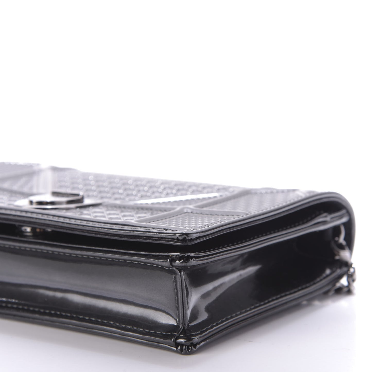 Metallic Patent Micro-Cannage Diorama Wallet on Chain Pouch Onyx Black