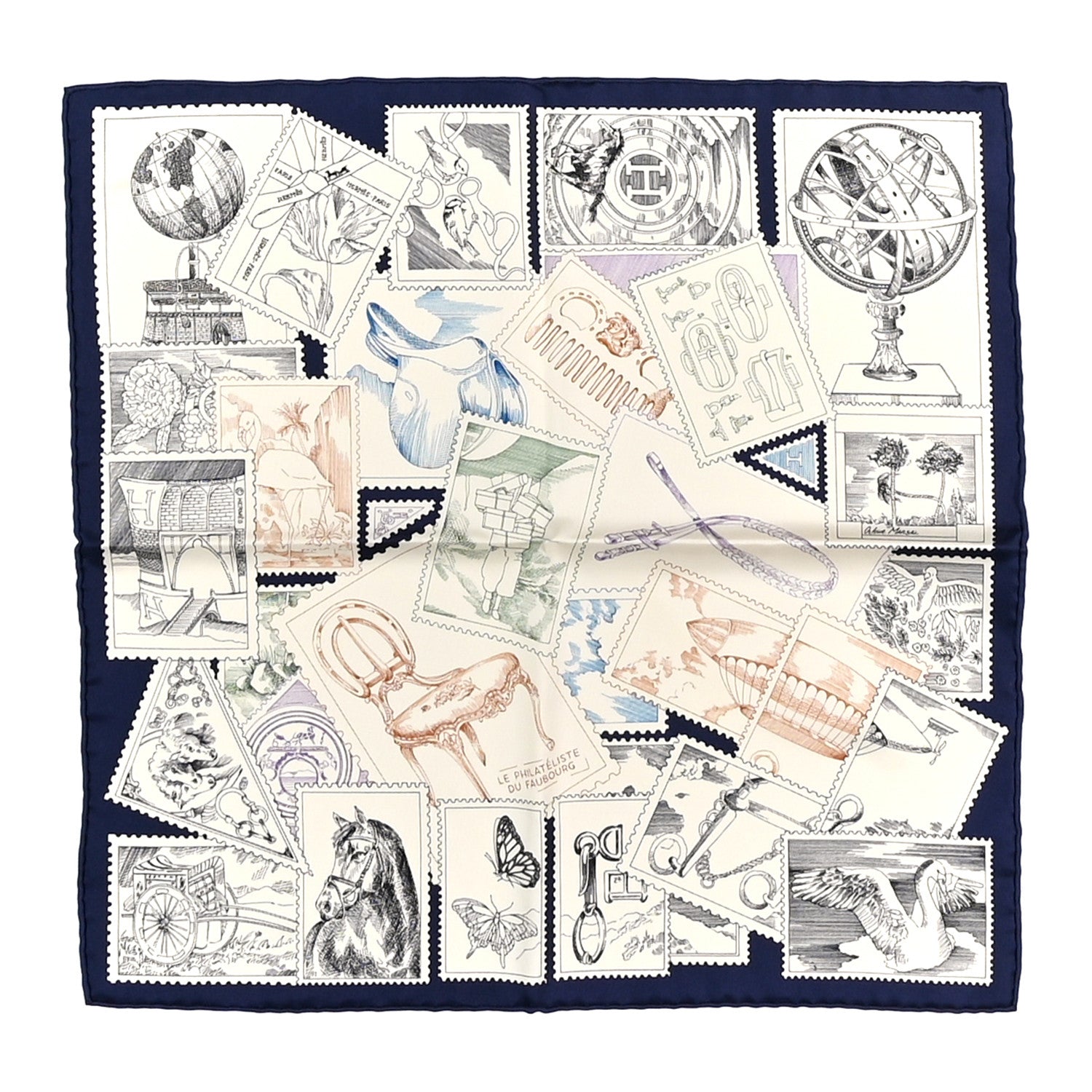 Hermes Silk Le Philateliste Du Faubourg Scarf 45 Marine Creme Mauve 1 of 5