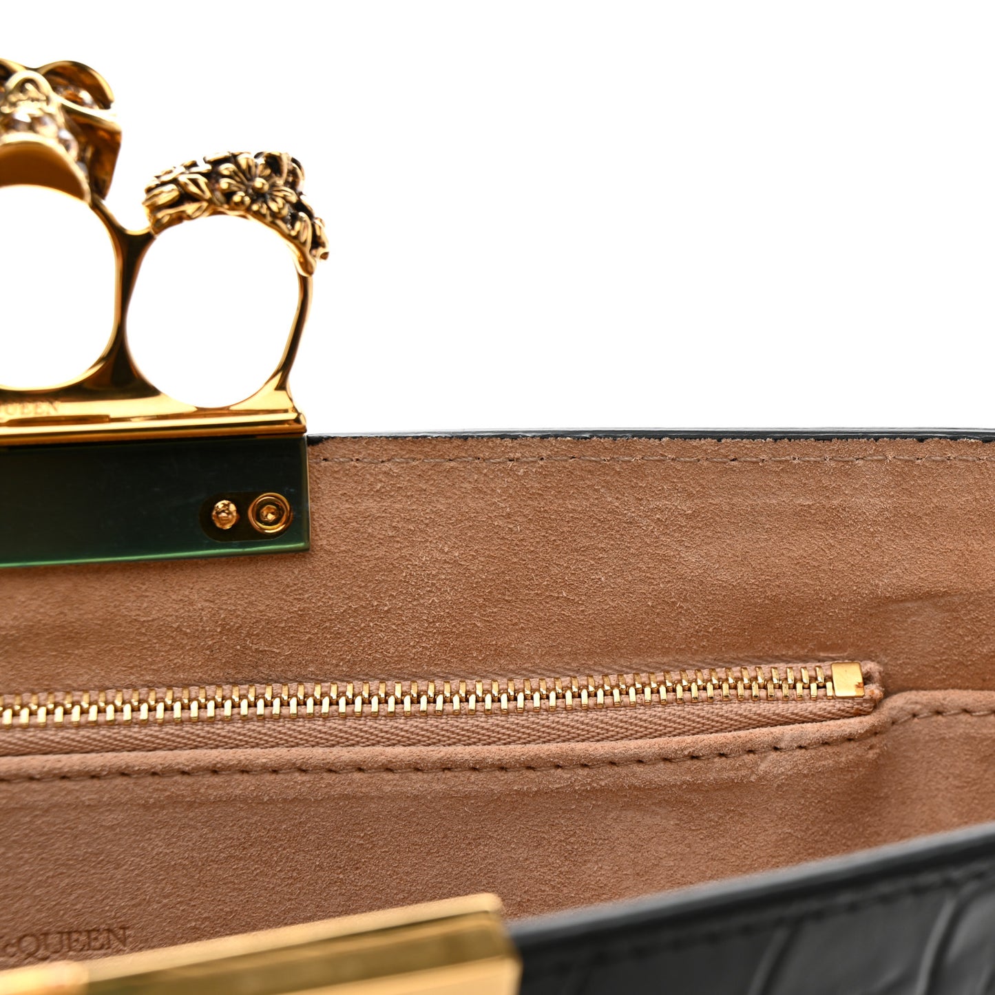 Calfskin Crocodile Embossed Knuckle Flat Clutch Black Gold
