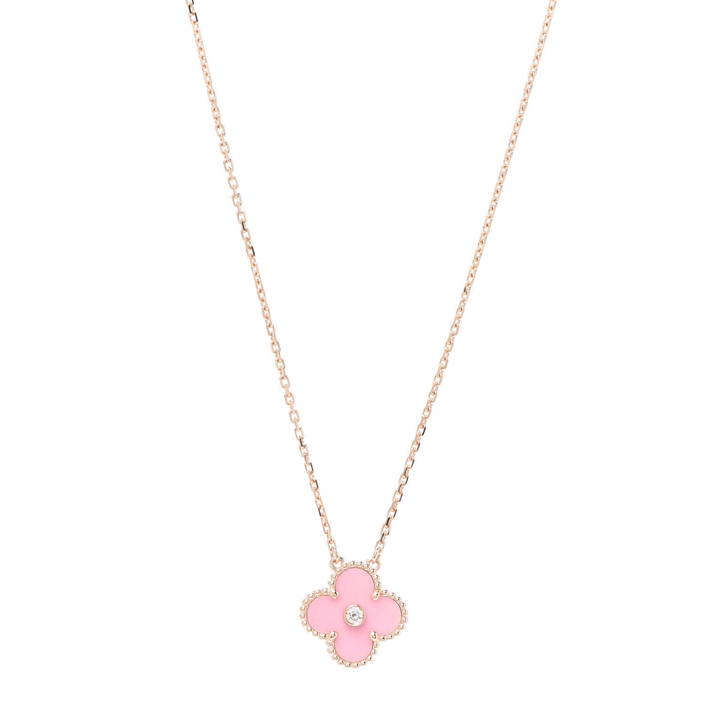 18K Rose Gold Diamond Pink Porcelain Vintage Alhambra Pendant Necklace