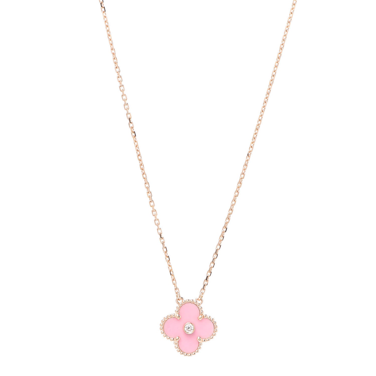 Van Cleef & Arpels 18K Rose Gold Diamond Pink Porcelain Vintage Alhambra Pendant Necklace 1 of 6