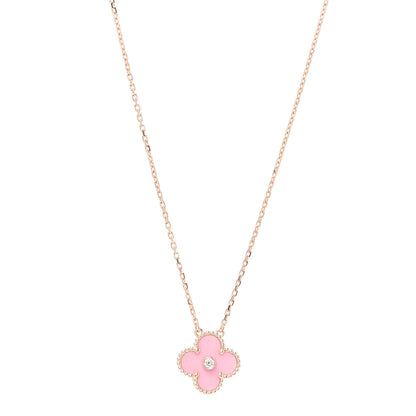 Van Cleef & Arpels 18K Rose Gold Diamond Pink Porcelain Vintage Alhambra Pendant Necklace 1 of 6